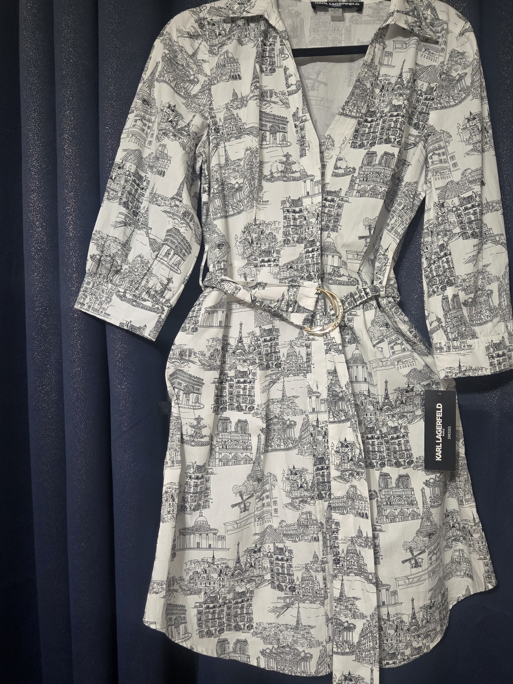 Karl Lagerfeld White and Black Toile Midi Wrap Dress with Ring Belt